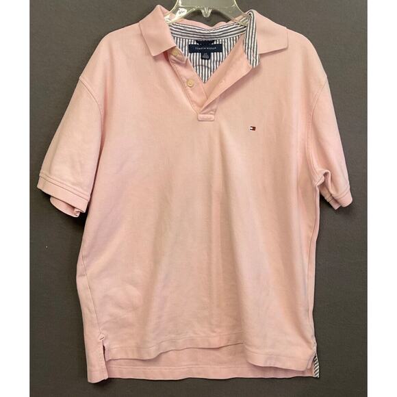 VTG Tommy Hilfiger Large Pink Polo Shirt Striped Collar 100% Cotton LOGO - Picture 1 of 5